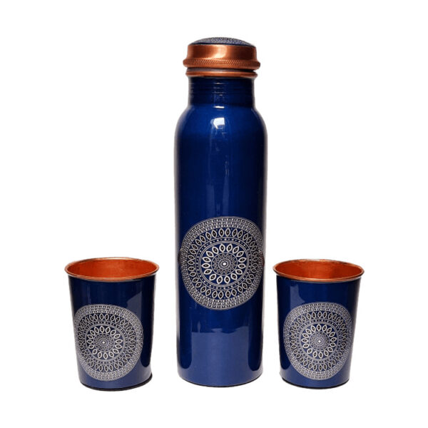 Copper Water Bottle With Glass (Blue Floral), Certified & Tested 1 | copper water bottle with glass