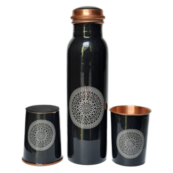 Copper Bottle 1 Litre With Glass (Black Floral), Certified & Tested 1 | copper bottle 1 litre with glass