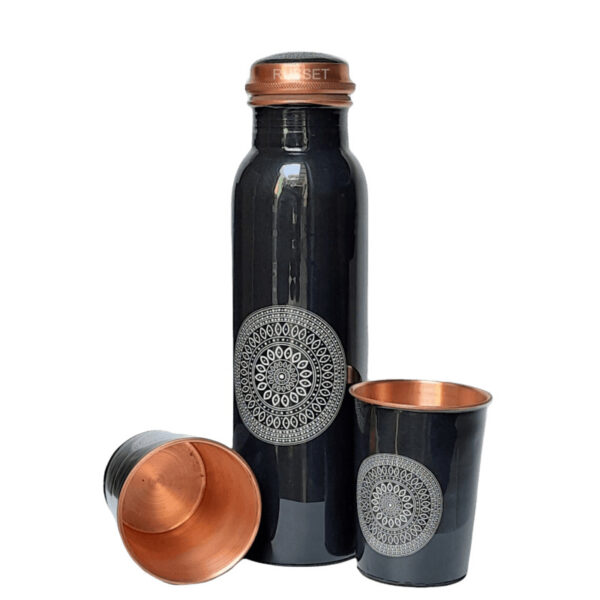 Copper Bottle 1 Litre With Glass (Black Floral), Certified & Tested 2 | copper water bottle 1l and 2 glass
