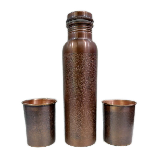 Copper Water Bottle And Glass Set (Embossed), Certified & Tested 1 | copper water bottle and glass set