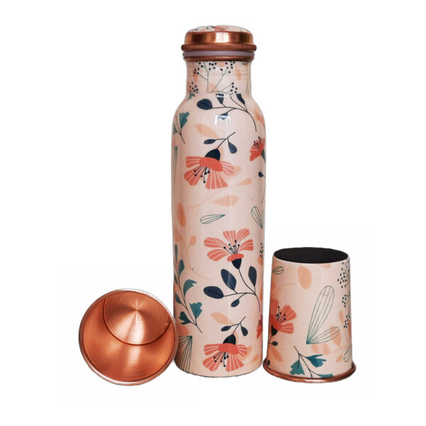 Enamel Printed Copper Bottle With Glass, Certified & Tested 2 | floral copper bottle gift sets