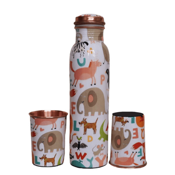 Cartoon Printed Copper Water Bottle And Glass Set, Certified & Tested 2 | cartoon printed copper water bottle and glass