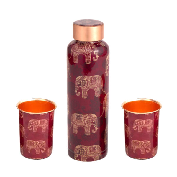 Copper Bottle and Glass Set of 2 | Red Rajwadi Design, Certified & Tested 1 | elephant-copper-bottle-and-glass-set-of-2